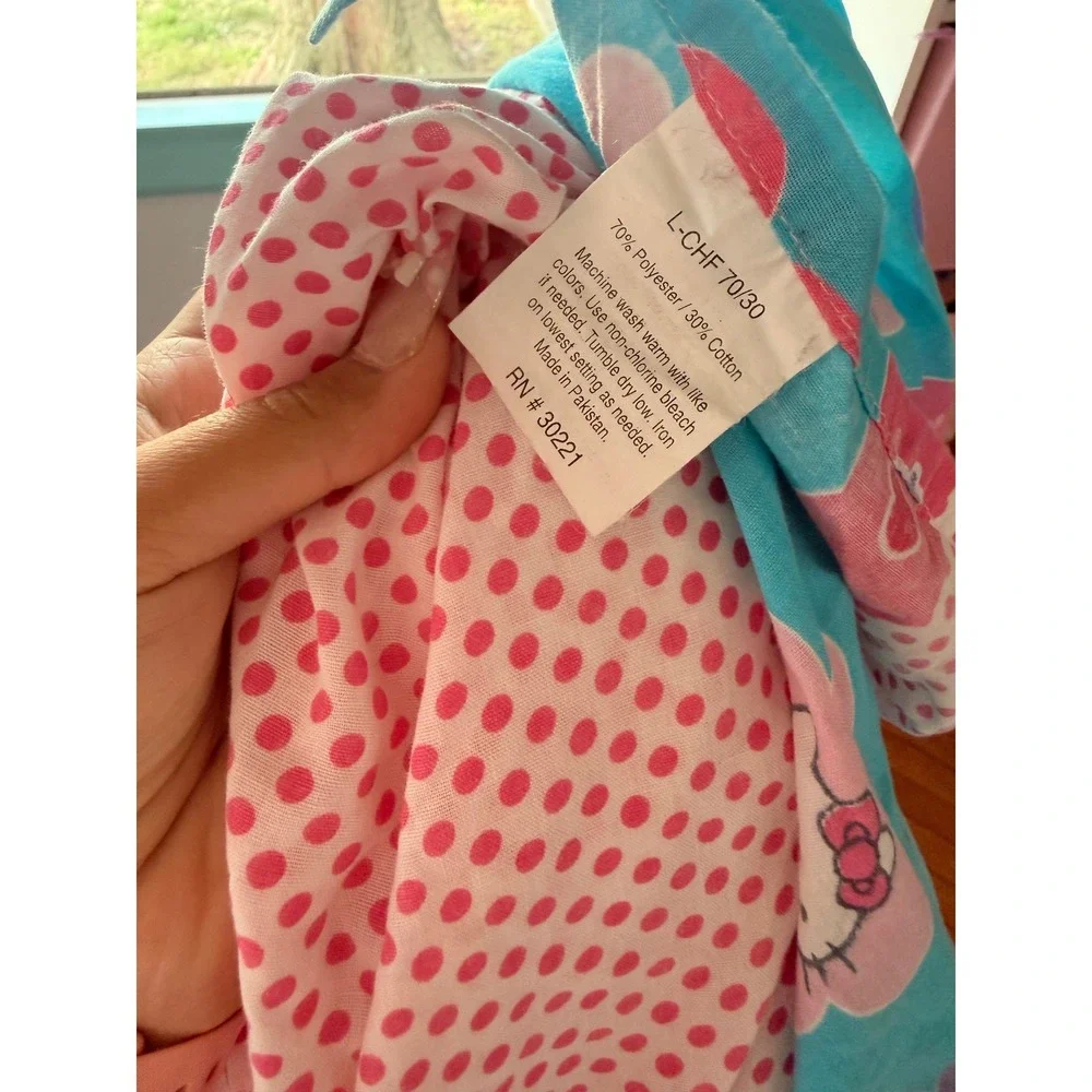 Vintage Sanrio Hello Kitty Pink Polka Dot Teal Flower Flat Sheets Pillowcase